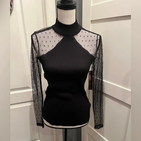 Mock Neck Polka Dot Mesh Long-Sleeve Top - Picture 2 of 4